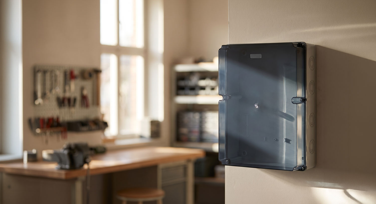 RSE Abzweigdose IP65 mit transparentem Deckel an der Wand einer Werkstatt