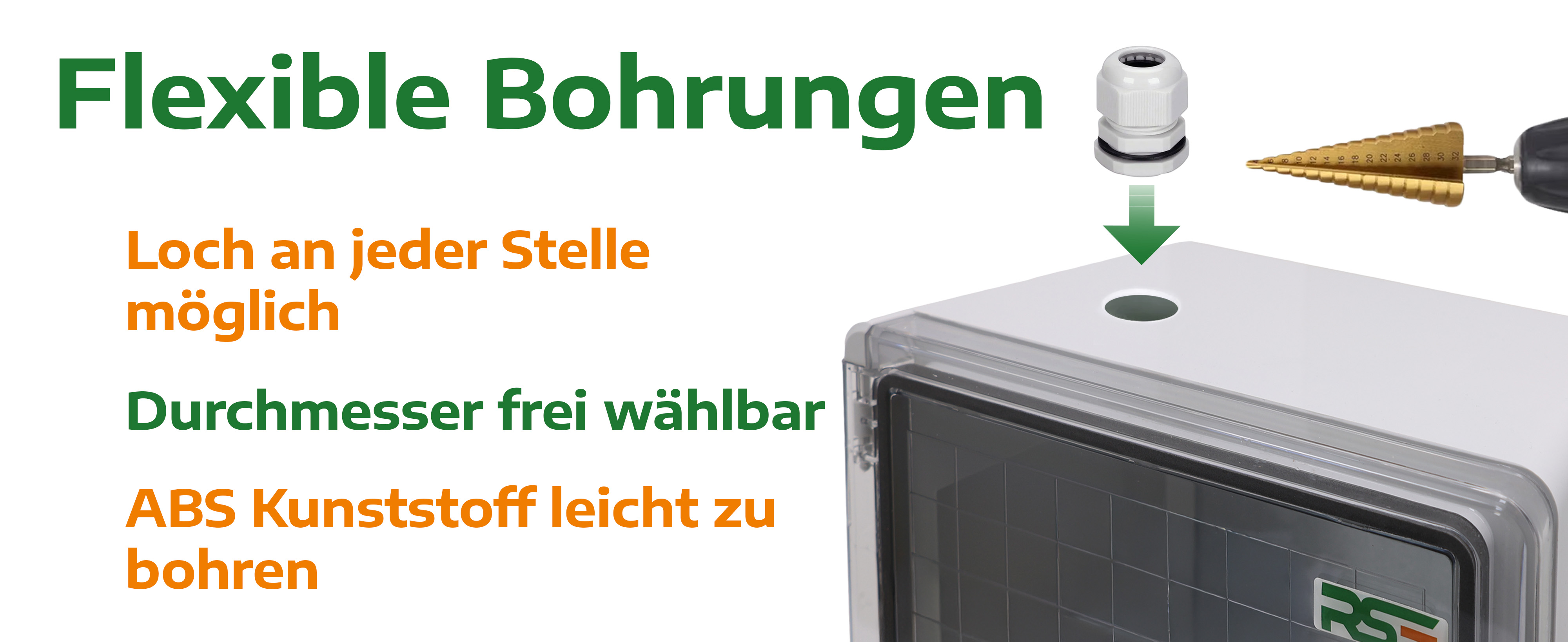 ABS Verteilerkasten mit flexiblen Bohrungen – einfache Montage für Kabelverschraubungen