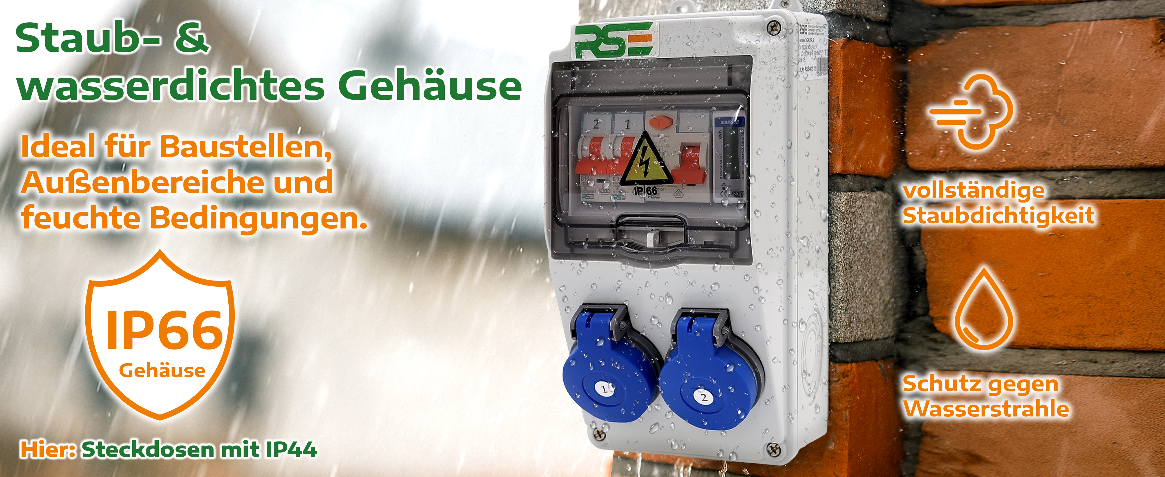 Baustromverteiler Schuko – Einsatz im Regen IP44