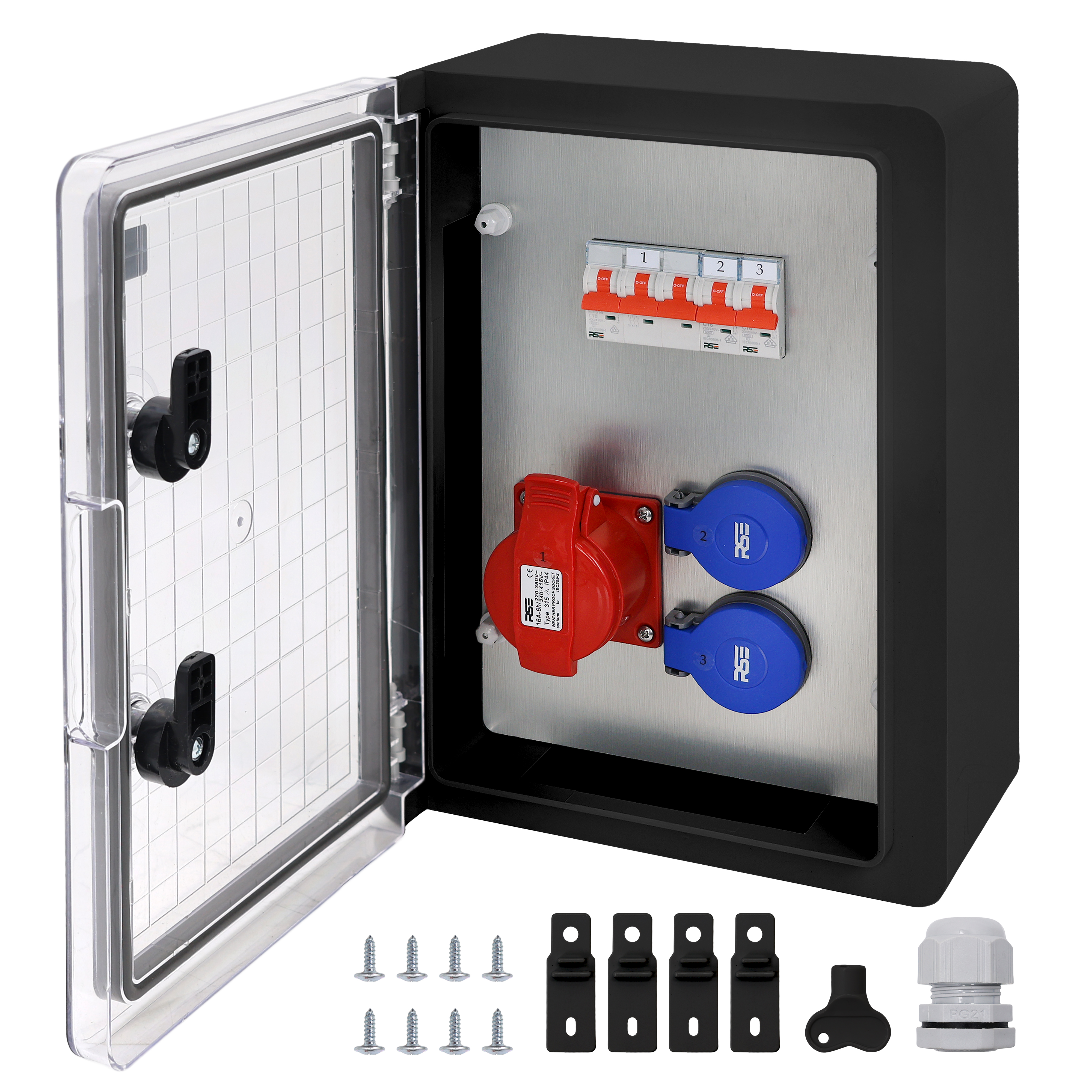 1×CEE32 + 2×230V + LS3, Schwarz Transparent