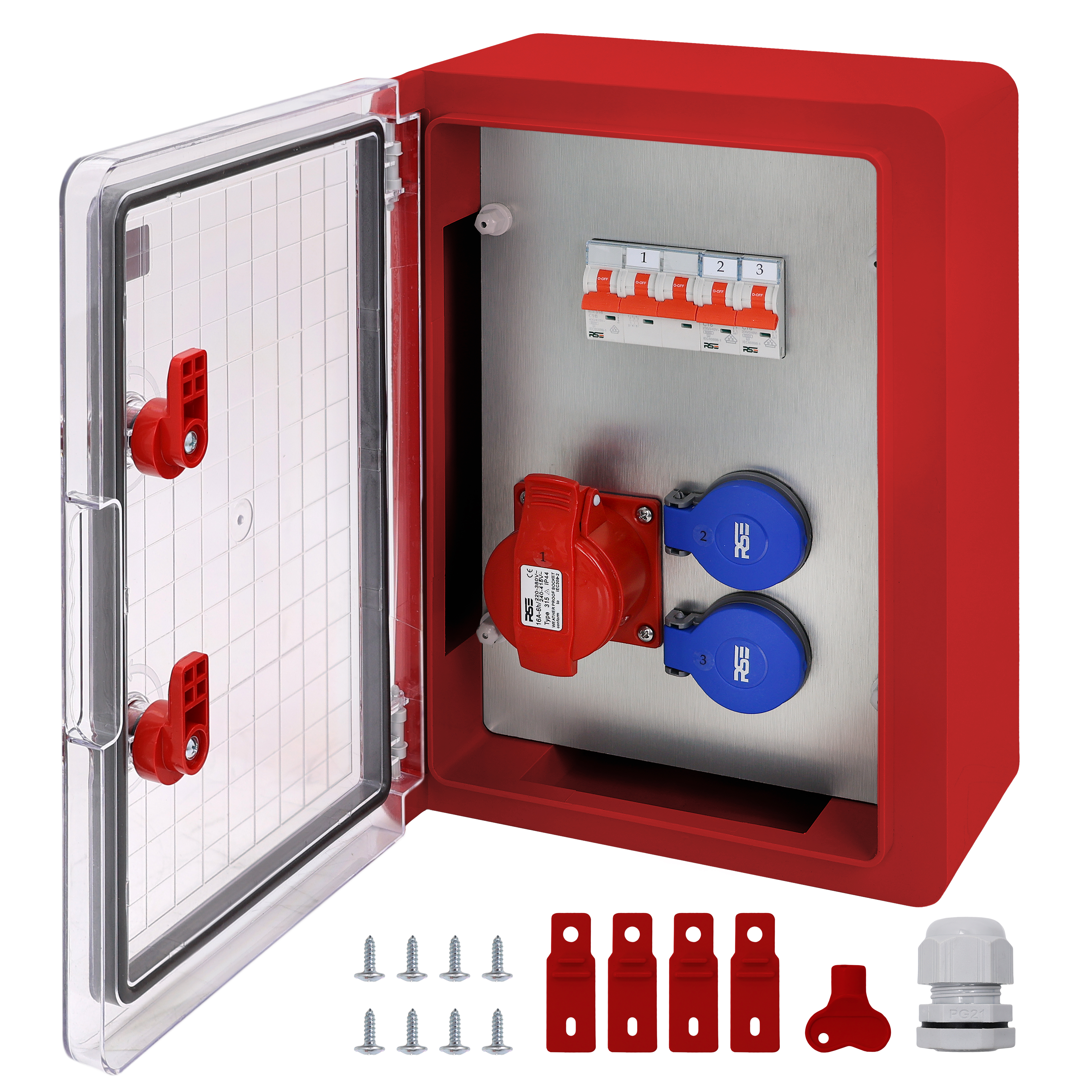 1×CEE32 + 2×230V + LS3, Rot Transparent