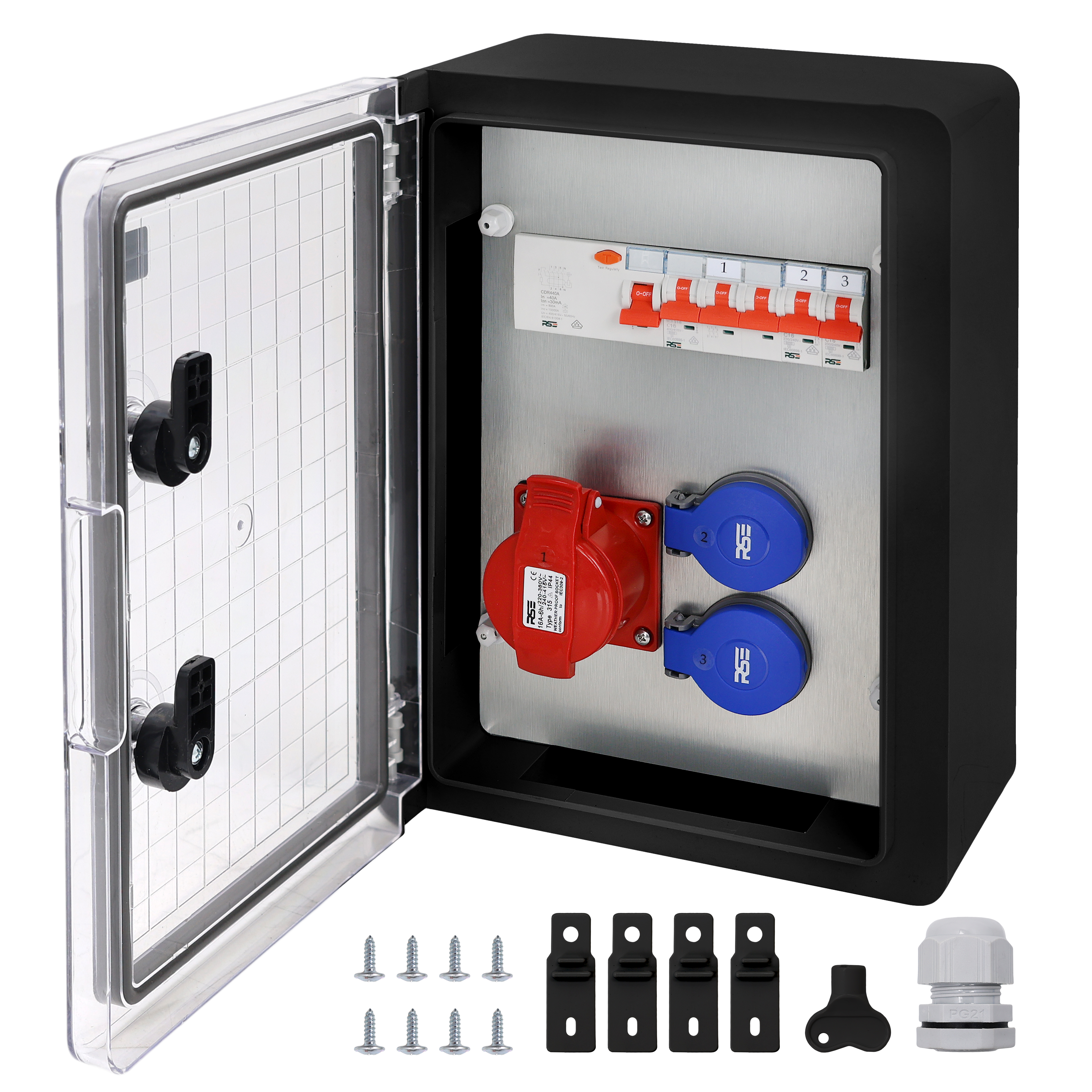 1×CEE32 + 2×230V + LS3+FI, Schwarz Transparent