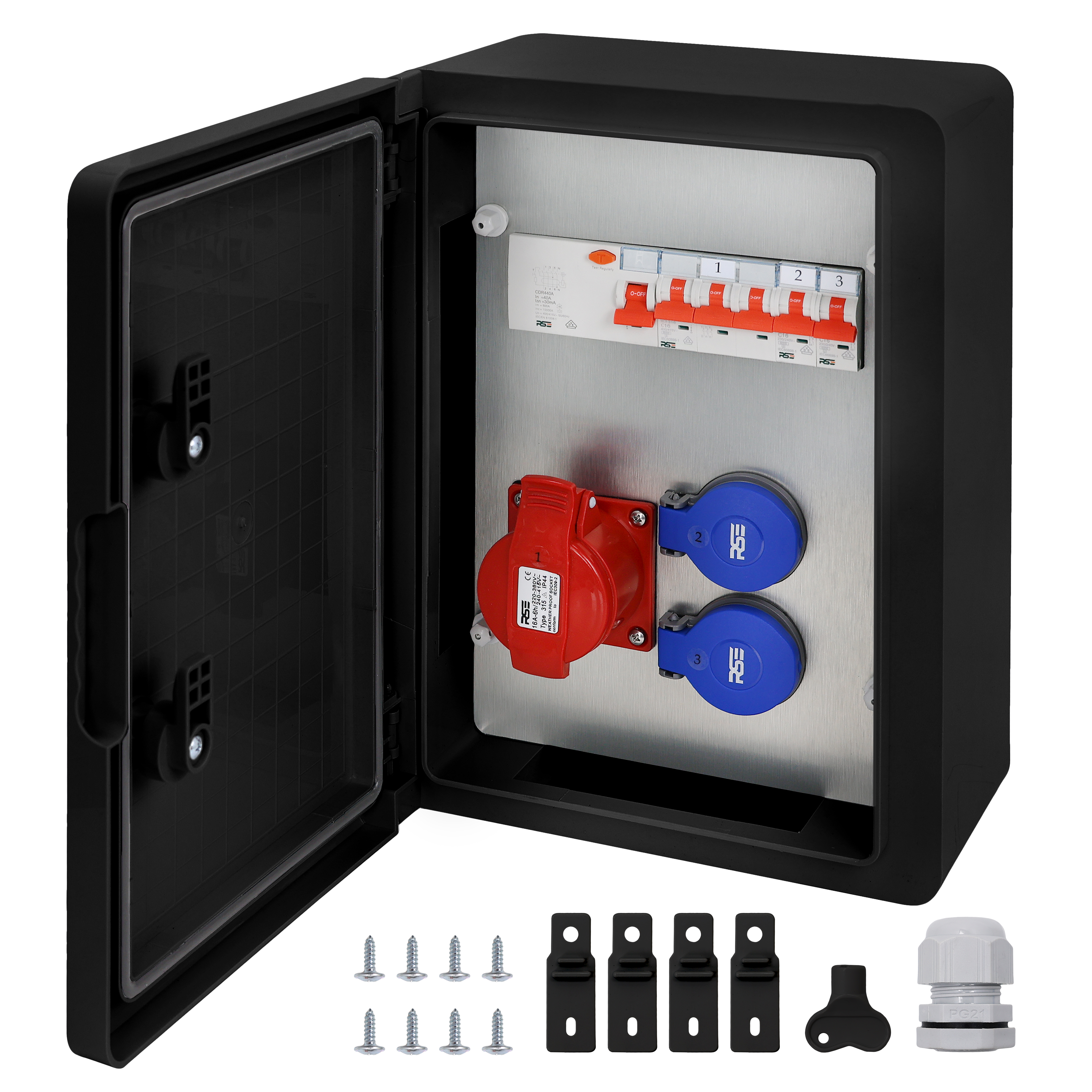 1×CEE32 + 2×230V + LS3+FI, Schwarz