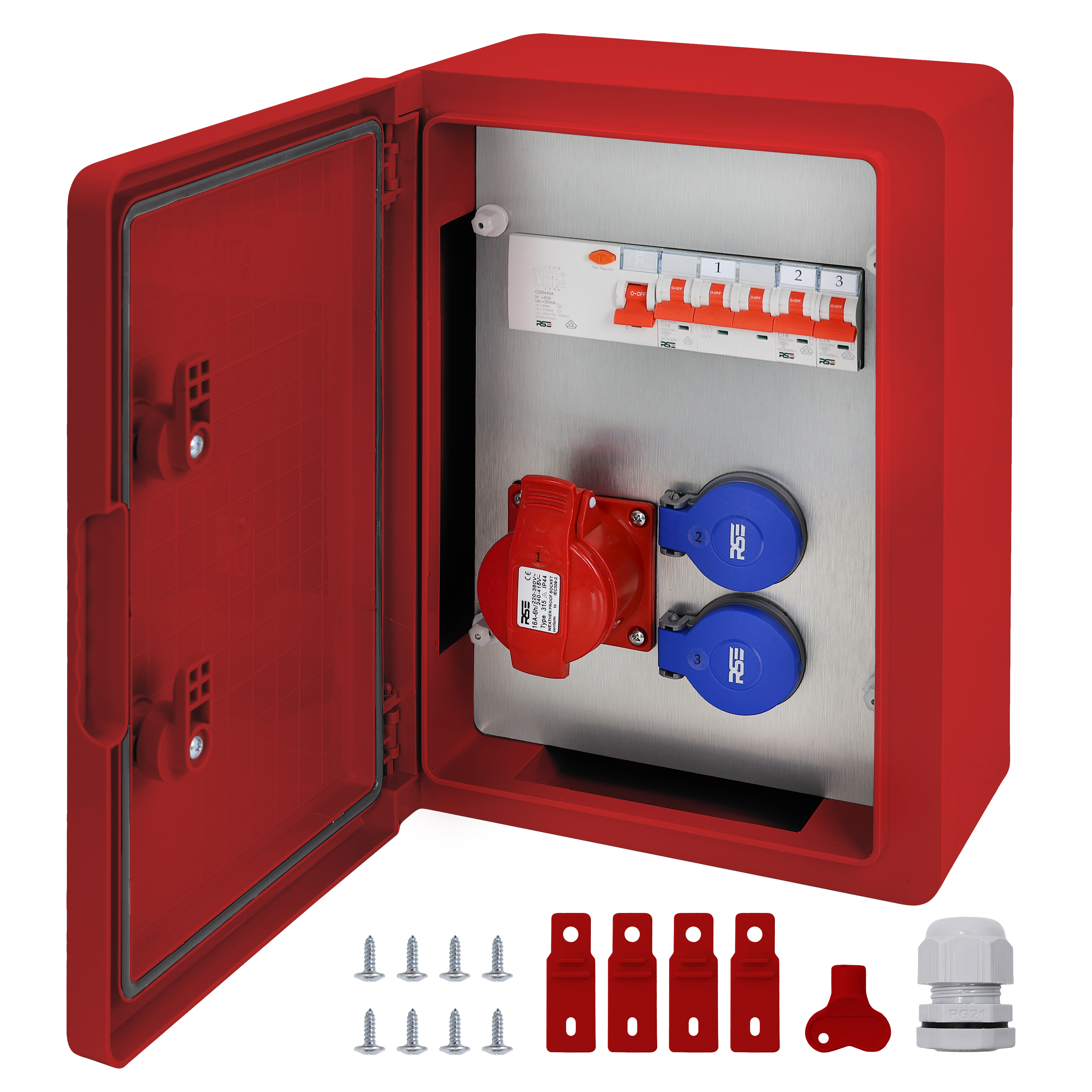 1×CEE32 + 2×230V + LS3+FI, Rot