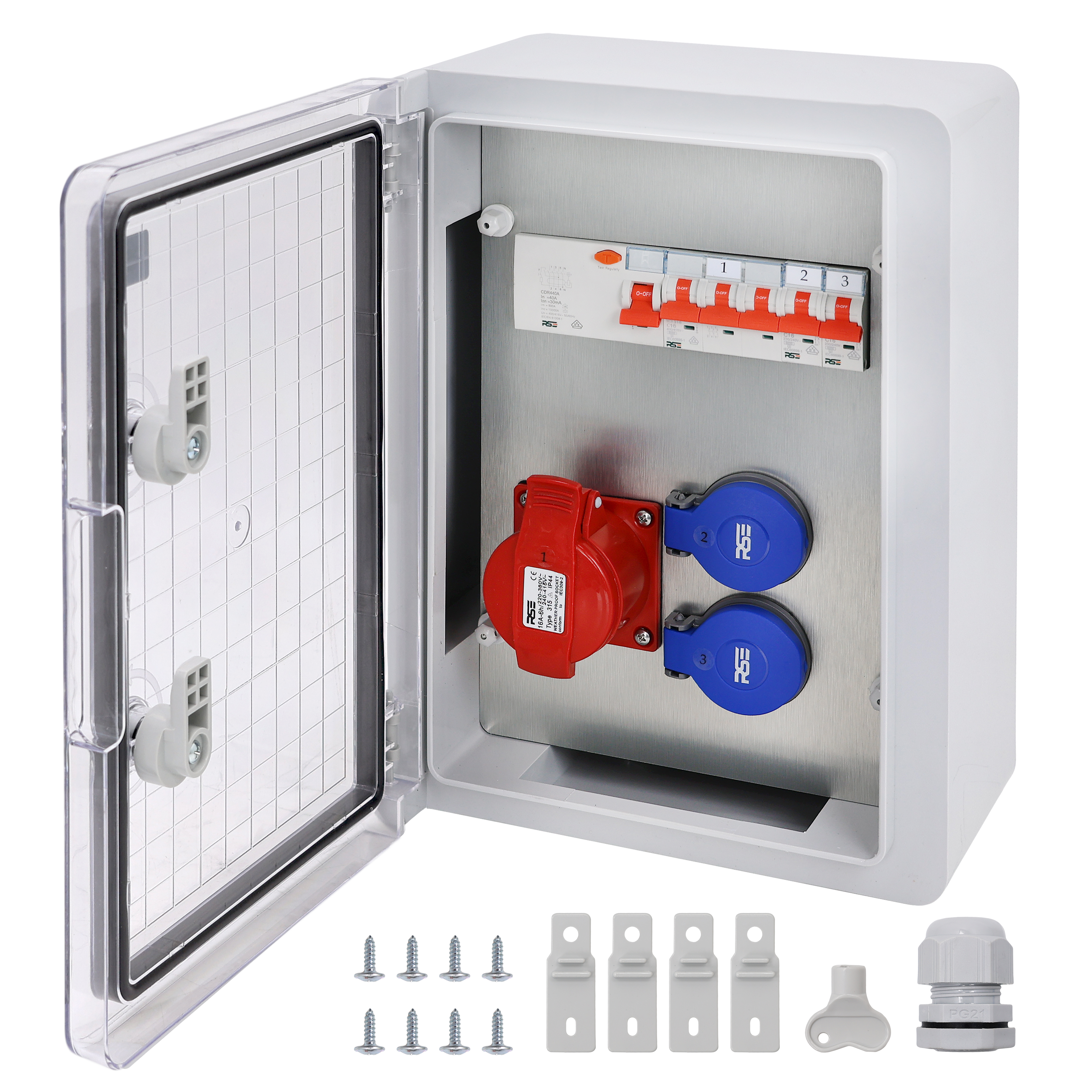 1×CEE32 + 2×230V + LS3+FI, Grau Transparent