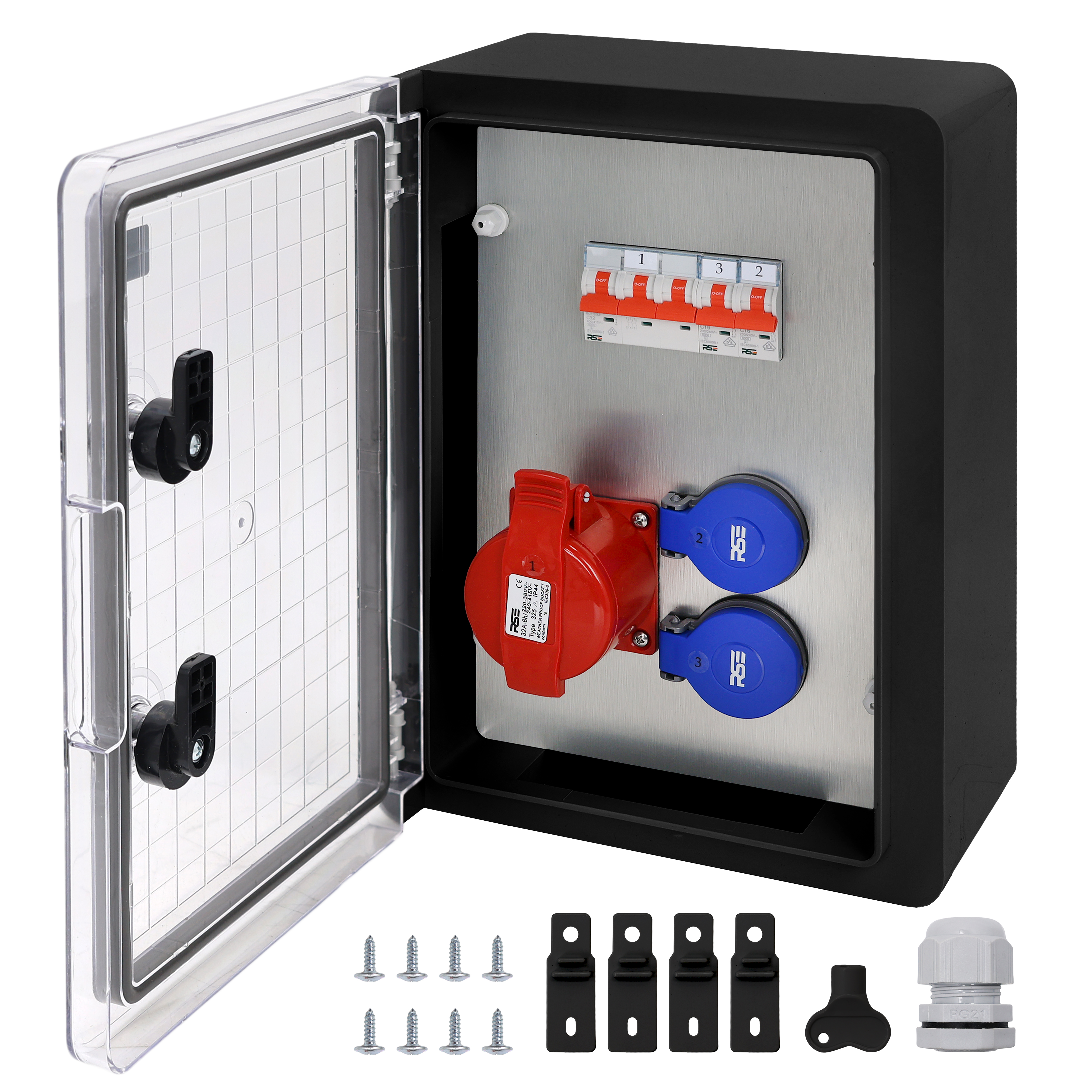 1×CEE32 + 2×230V + LS4, Schwarz Transparent