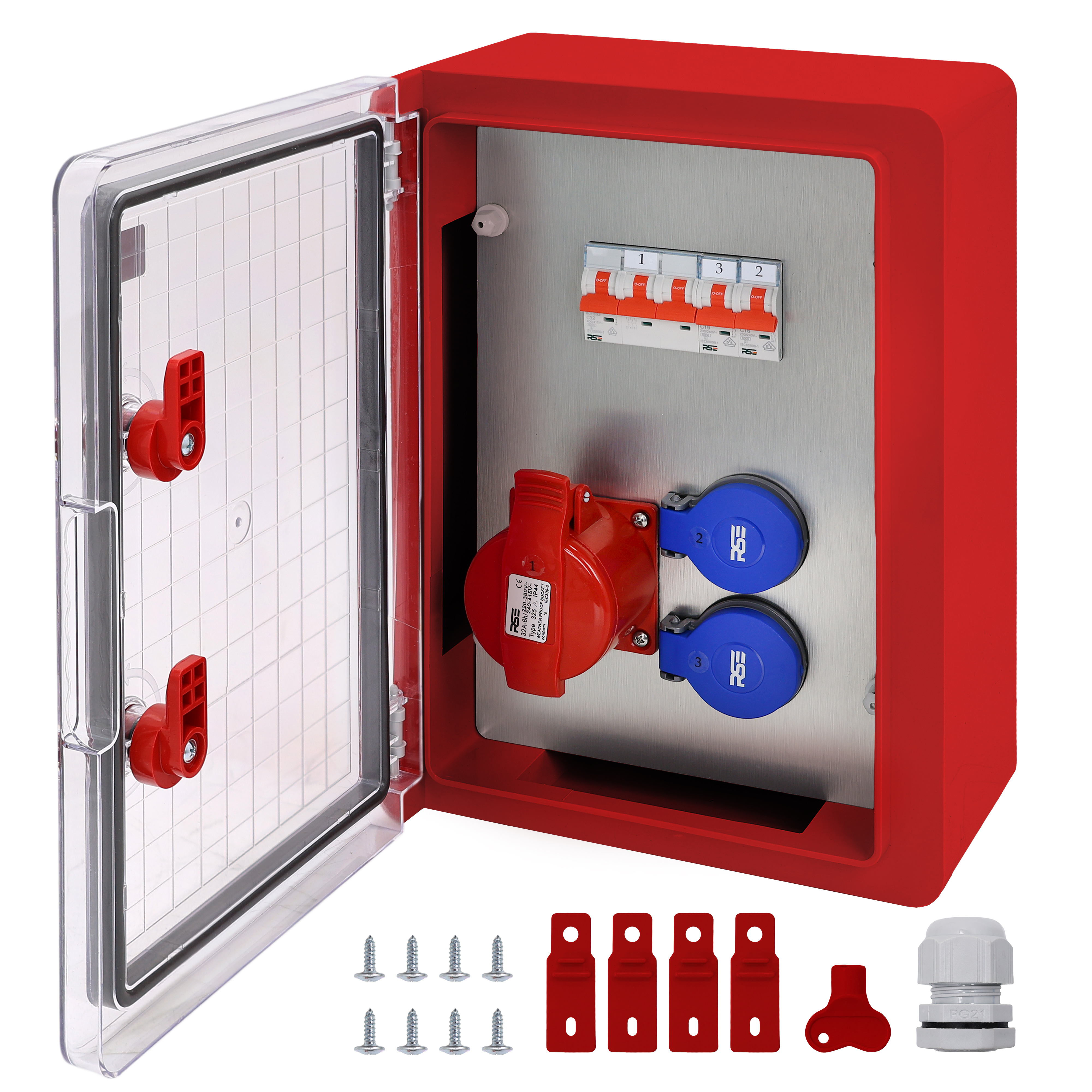1×CEE32 + 2×230V + LS4, Rot Transparent