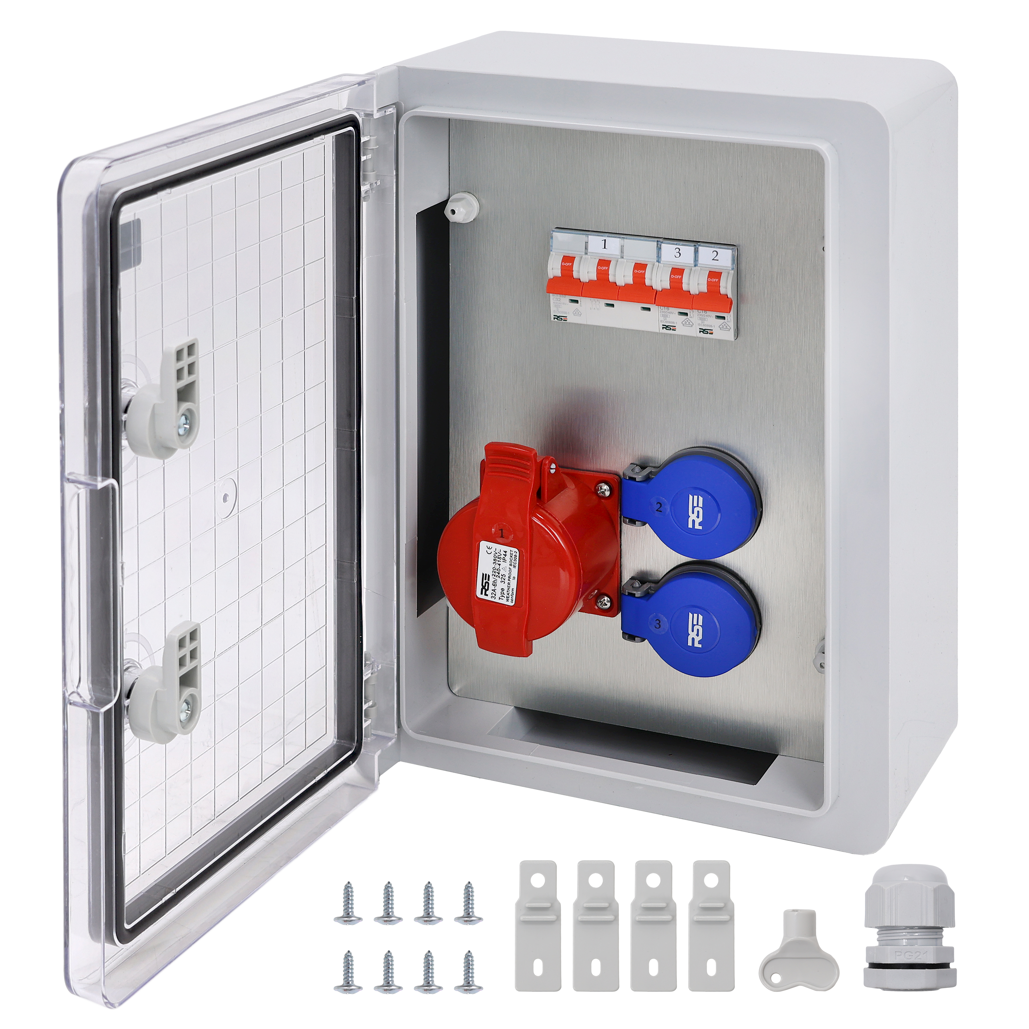 1×CEE32 + 2×230V + LS4, Grau Transparent