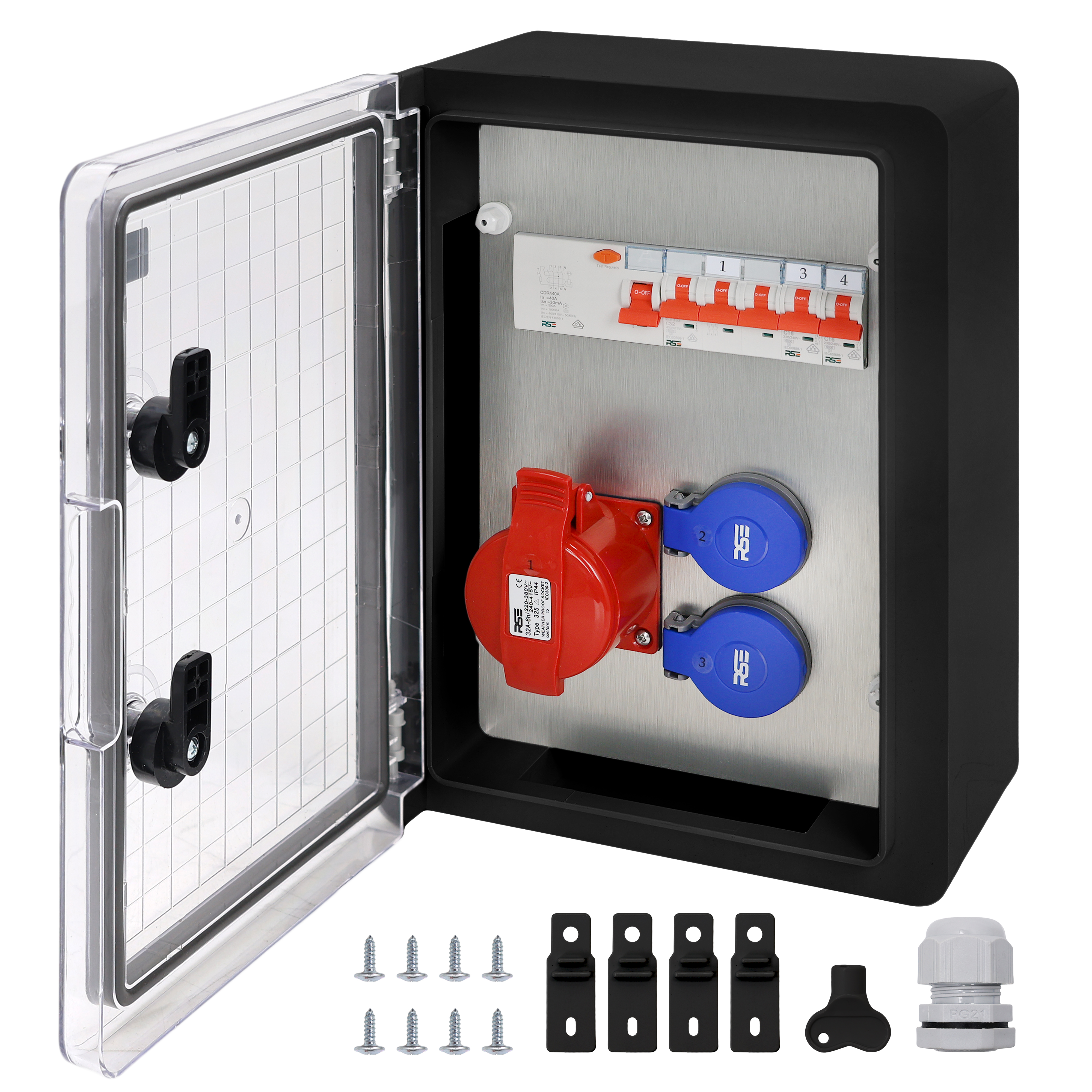 1×CEE32 + 2×230V + LS4+FI, Schwarz Transparent