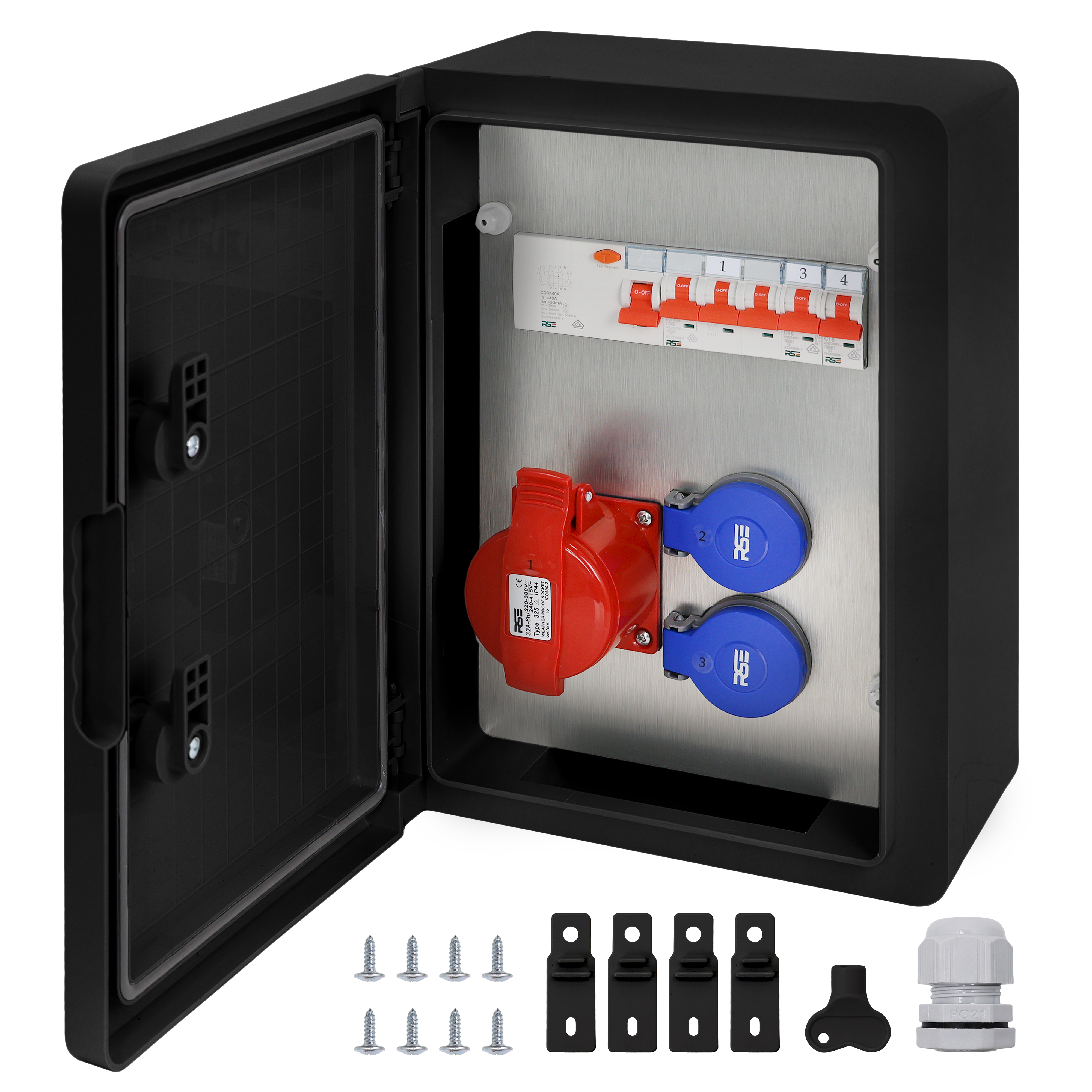 1×CEE32 + 2×230V + LS4+FI, Schwarz