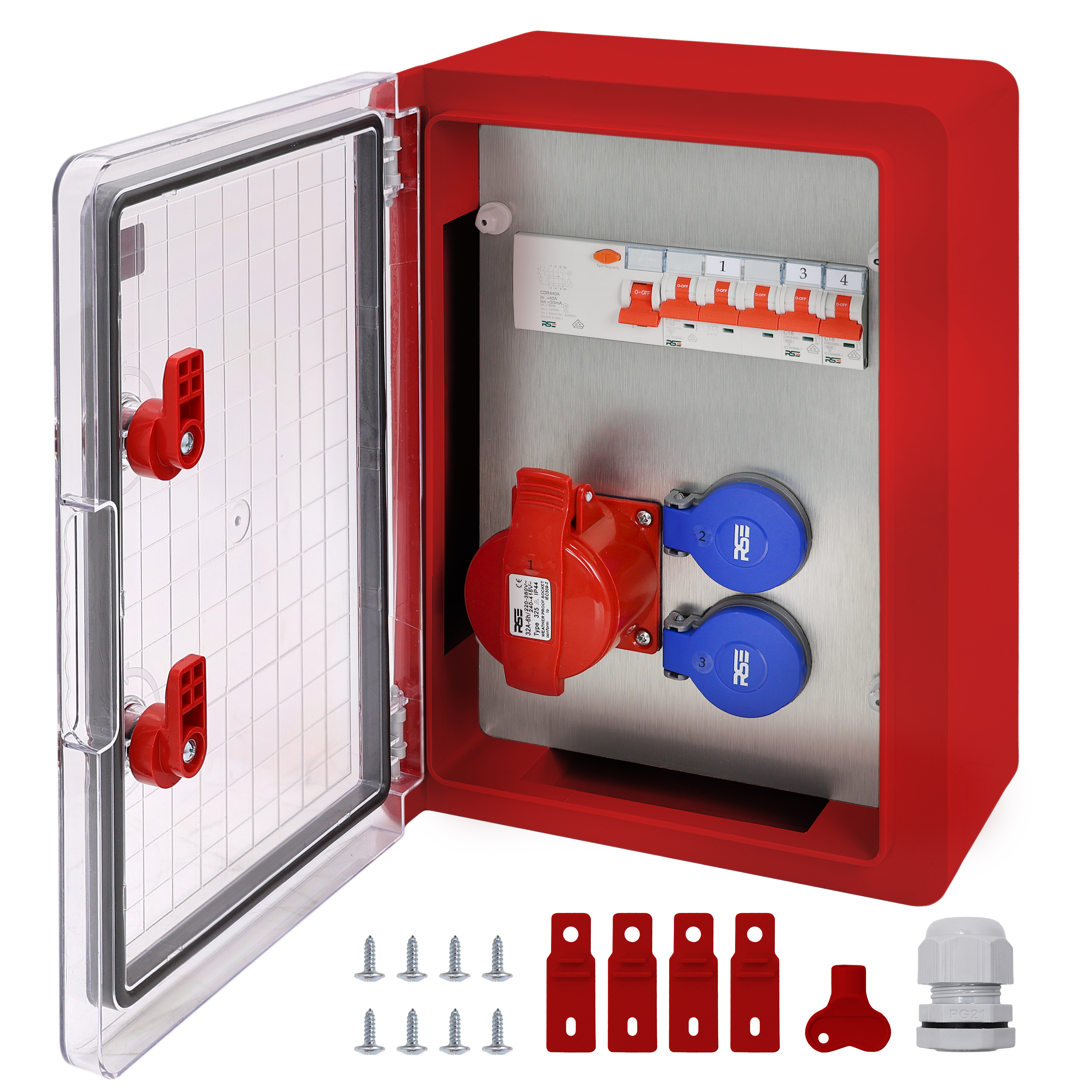 1×CEE32 + 2×230V + LS4+FI, Rot Transparent