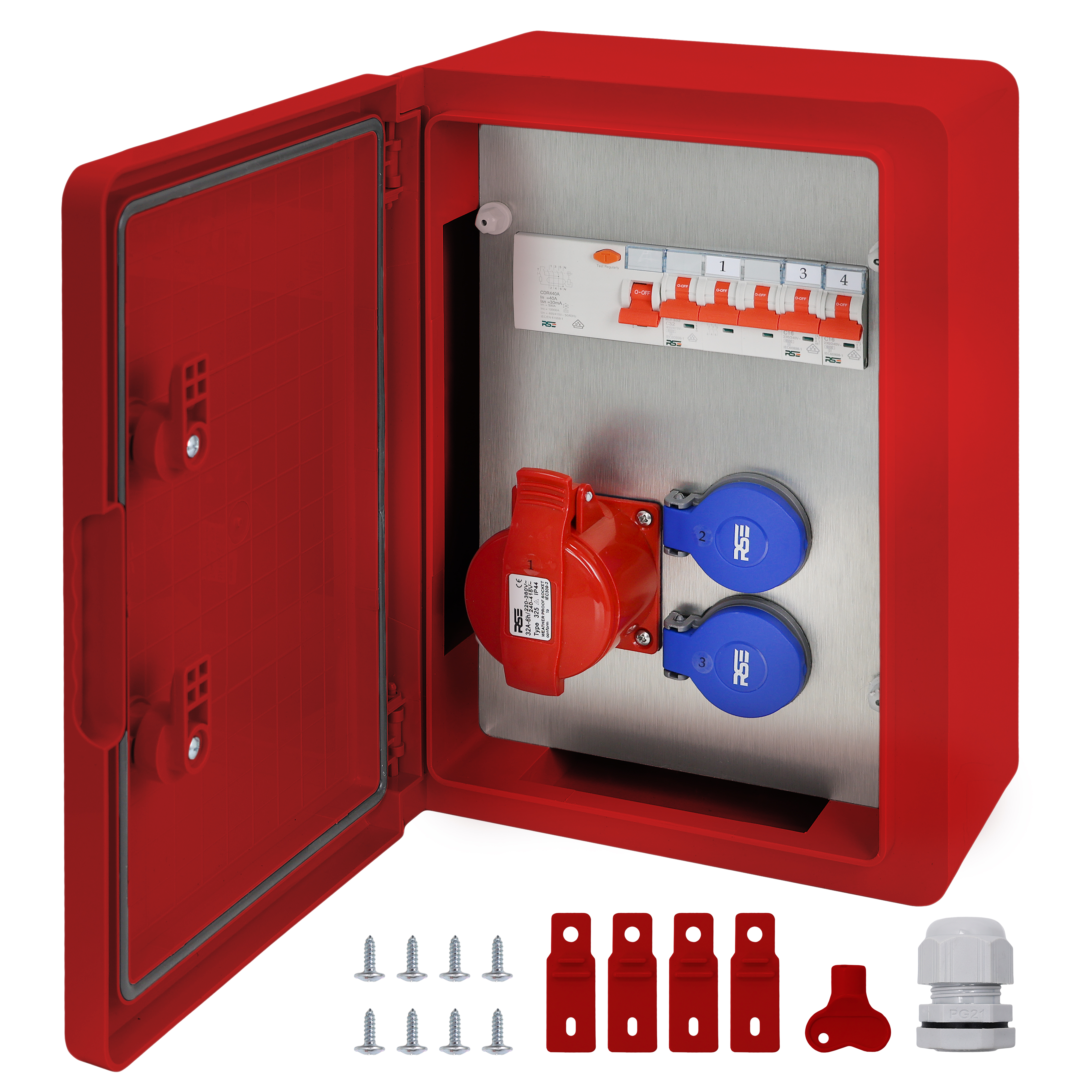 1×CEE32 + 2×230V + LS4+FI, Rot
