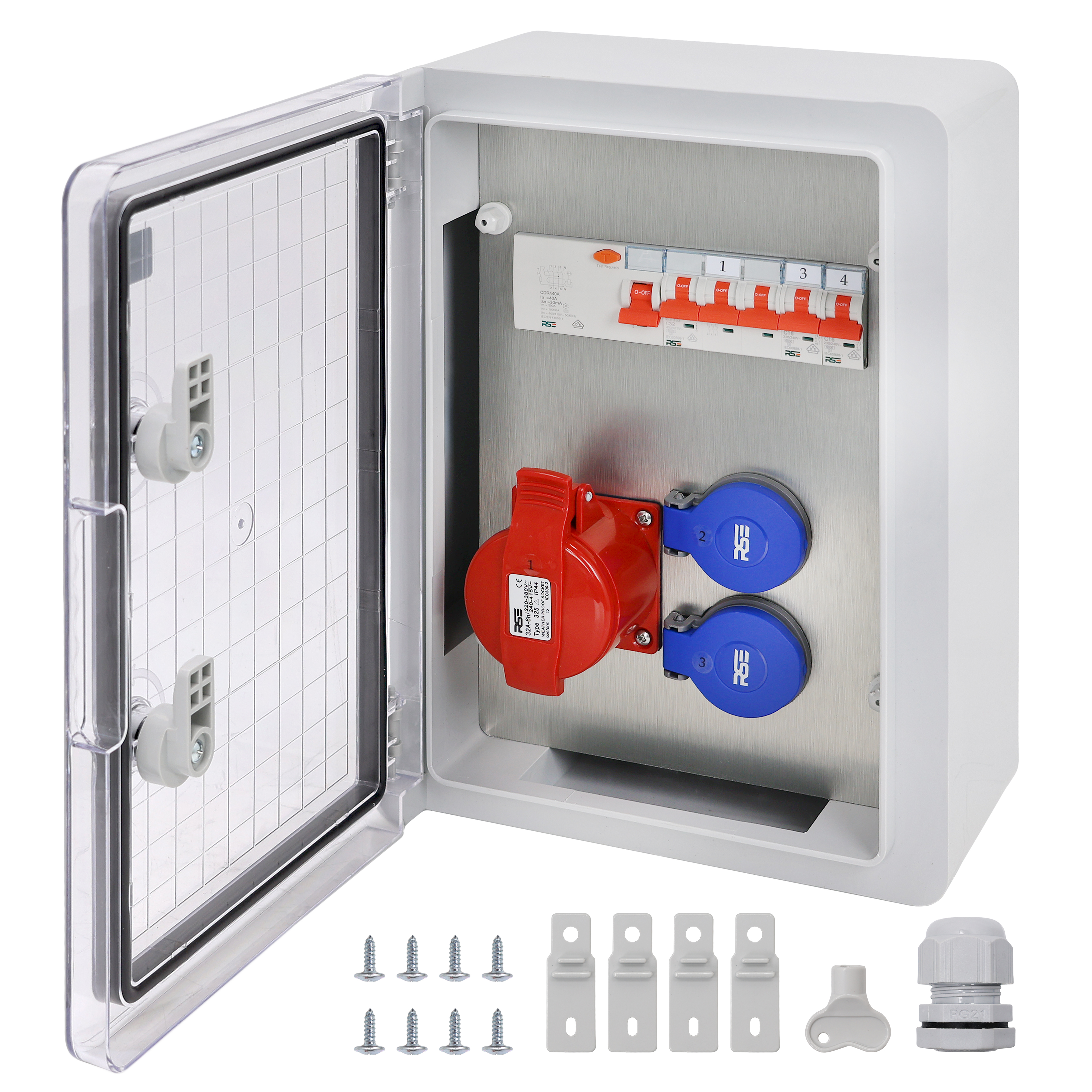 1×CEE32 + 2×230V + LS4+FI, Grau Transparent