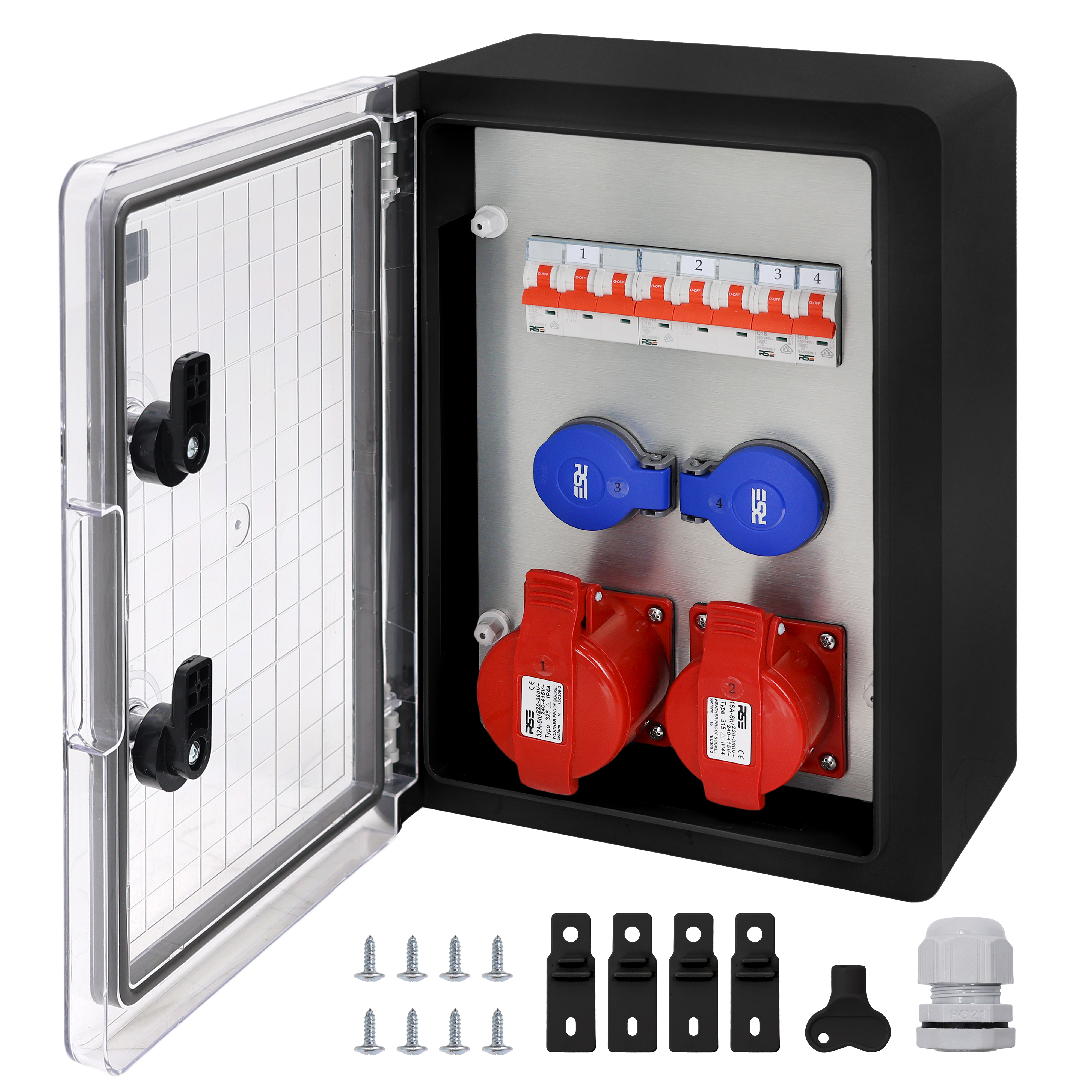 2×CEE32 + 2×230V + LS4, Schwarz Transparent