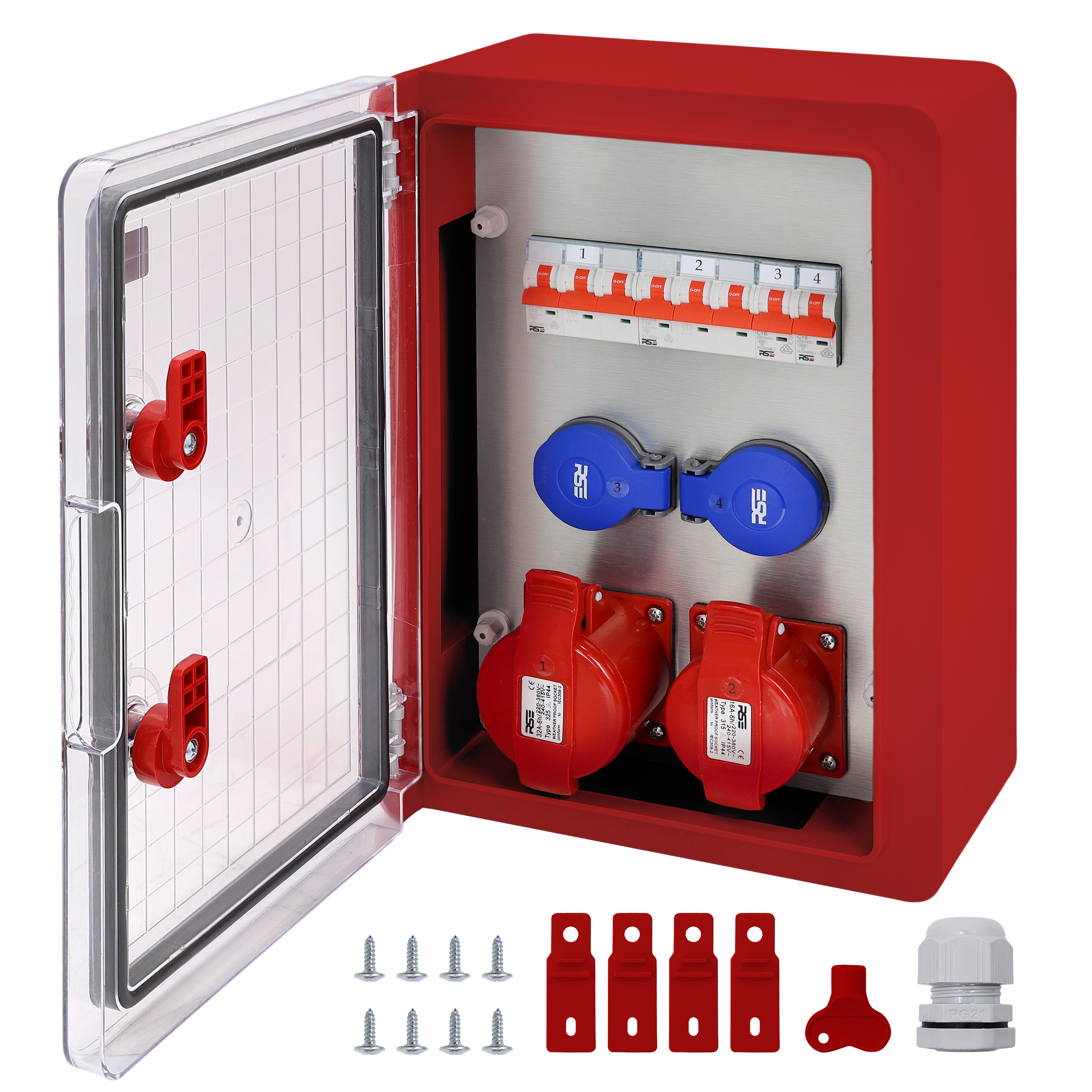 2×CEE32 + 2×230V + LS4, Rot Transparent