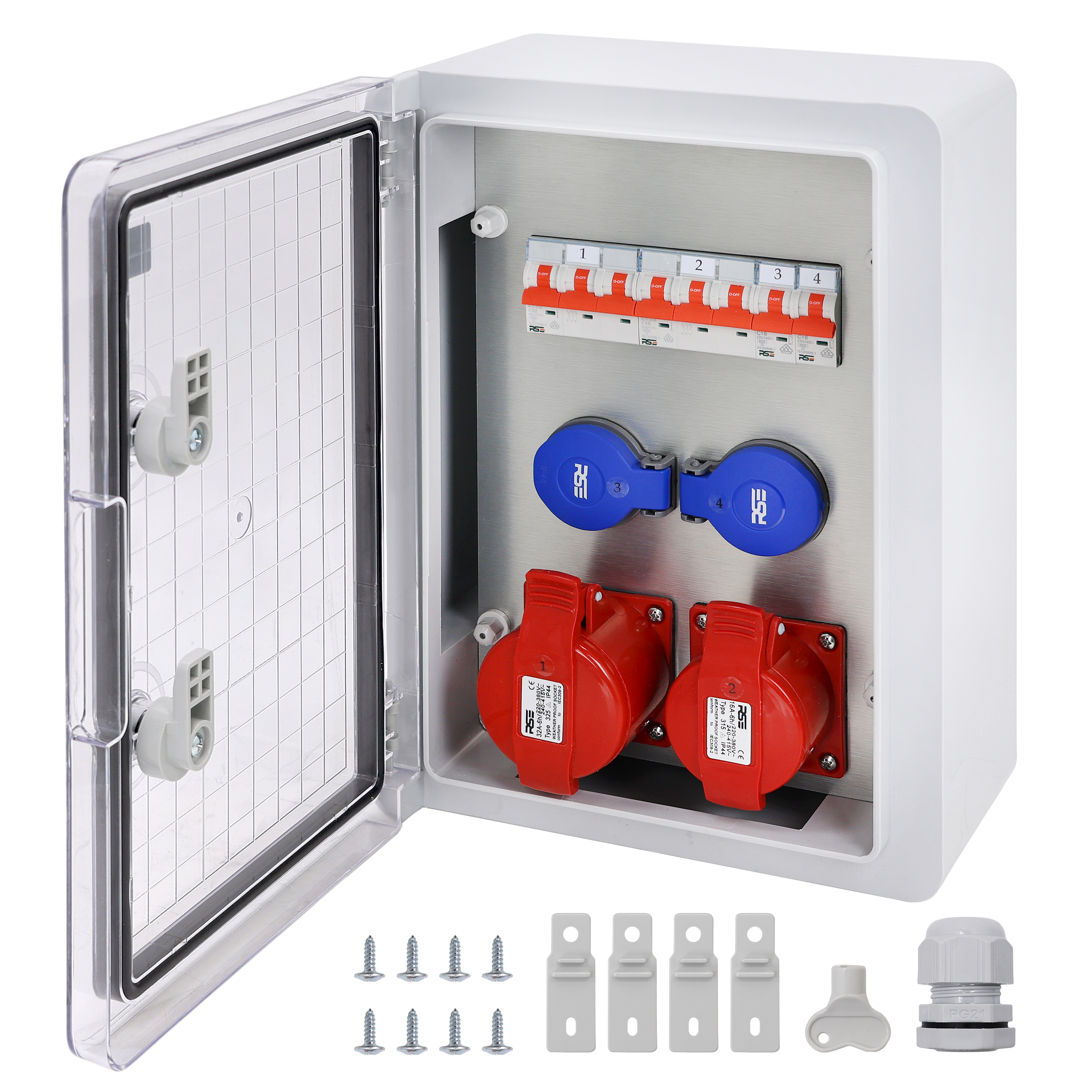 2×CEE32 + 2×230V + LS4, Grau Transparent