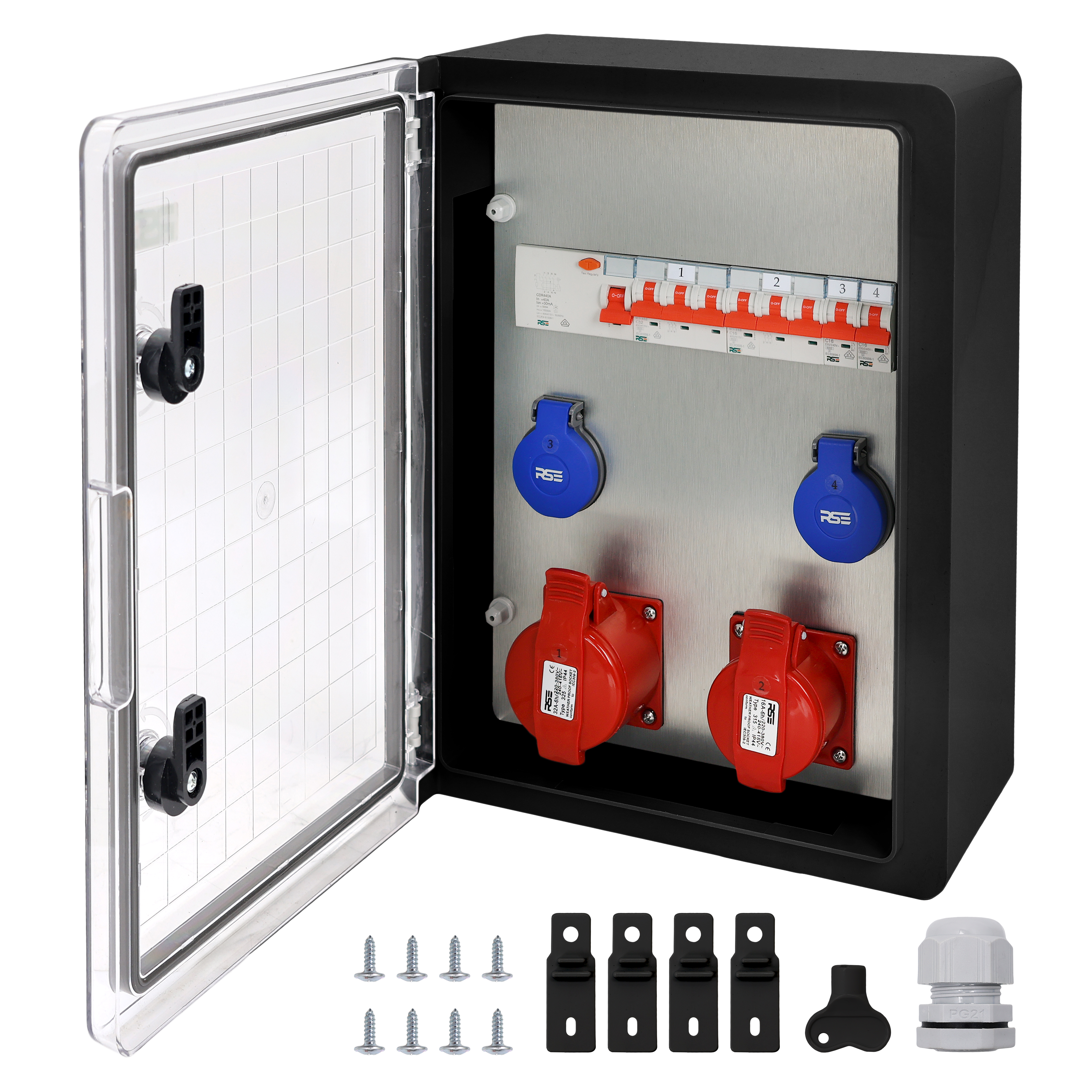 2×CEE32 + 2×230V + LS4+FI, Schwarz Transparent