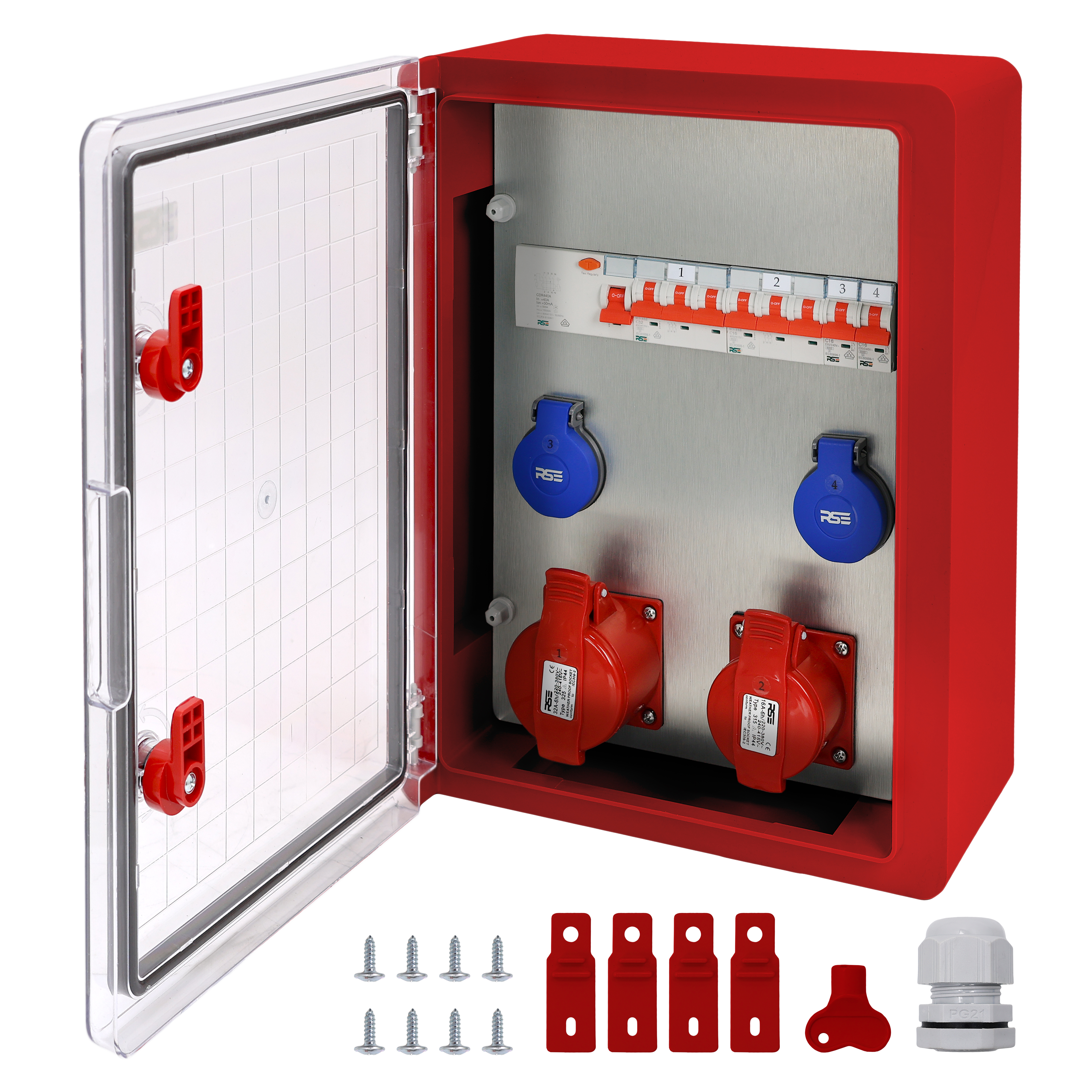 2×CEE32 + 2×230V + LS4+FI, Rot Transparent