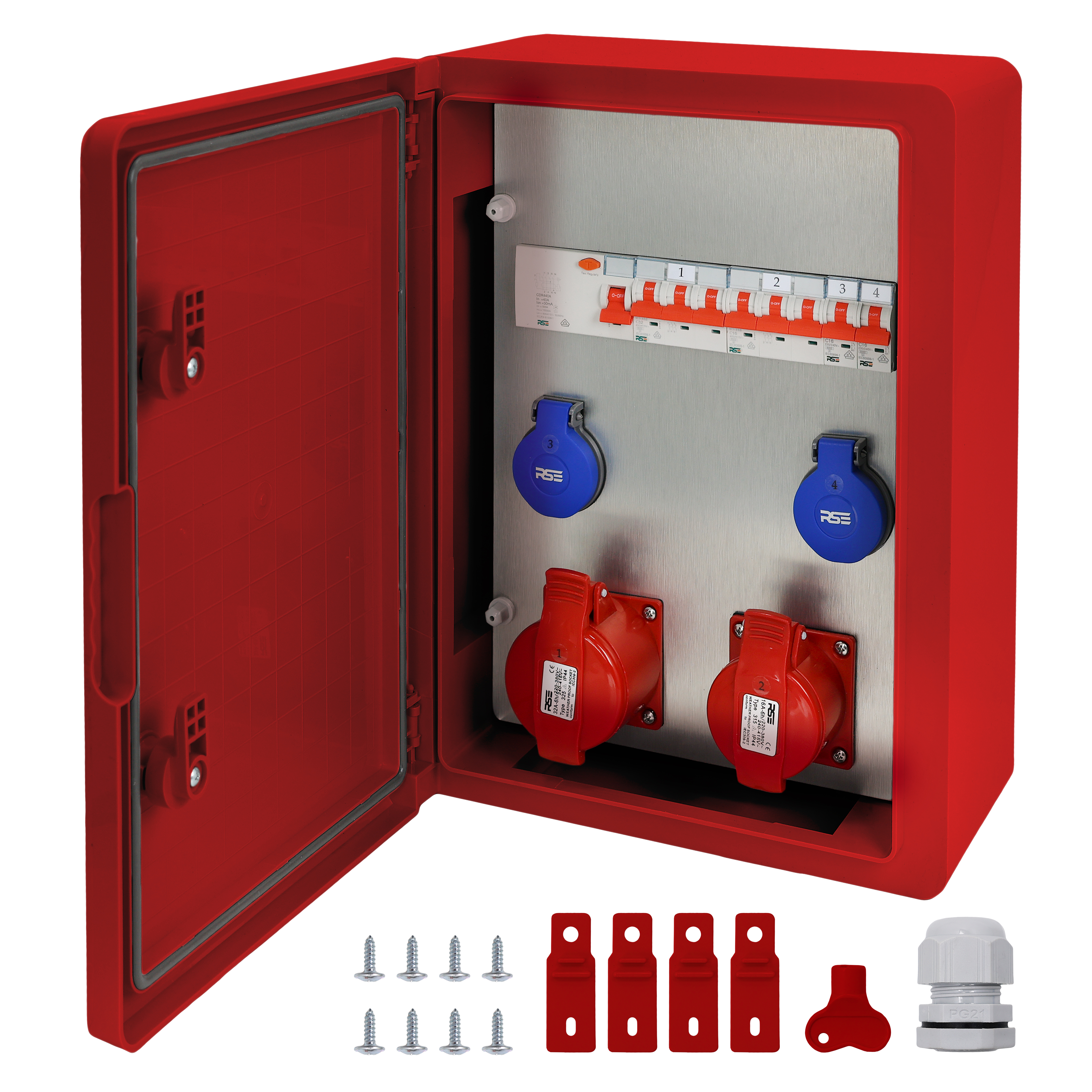 2×CEE32 + 2×230V + LS4+FI, Rot