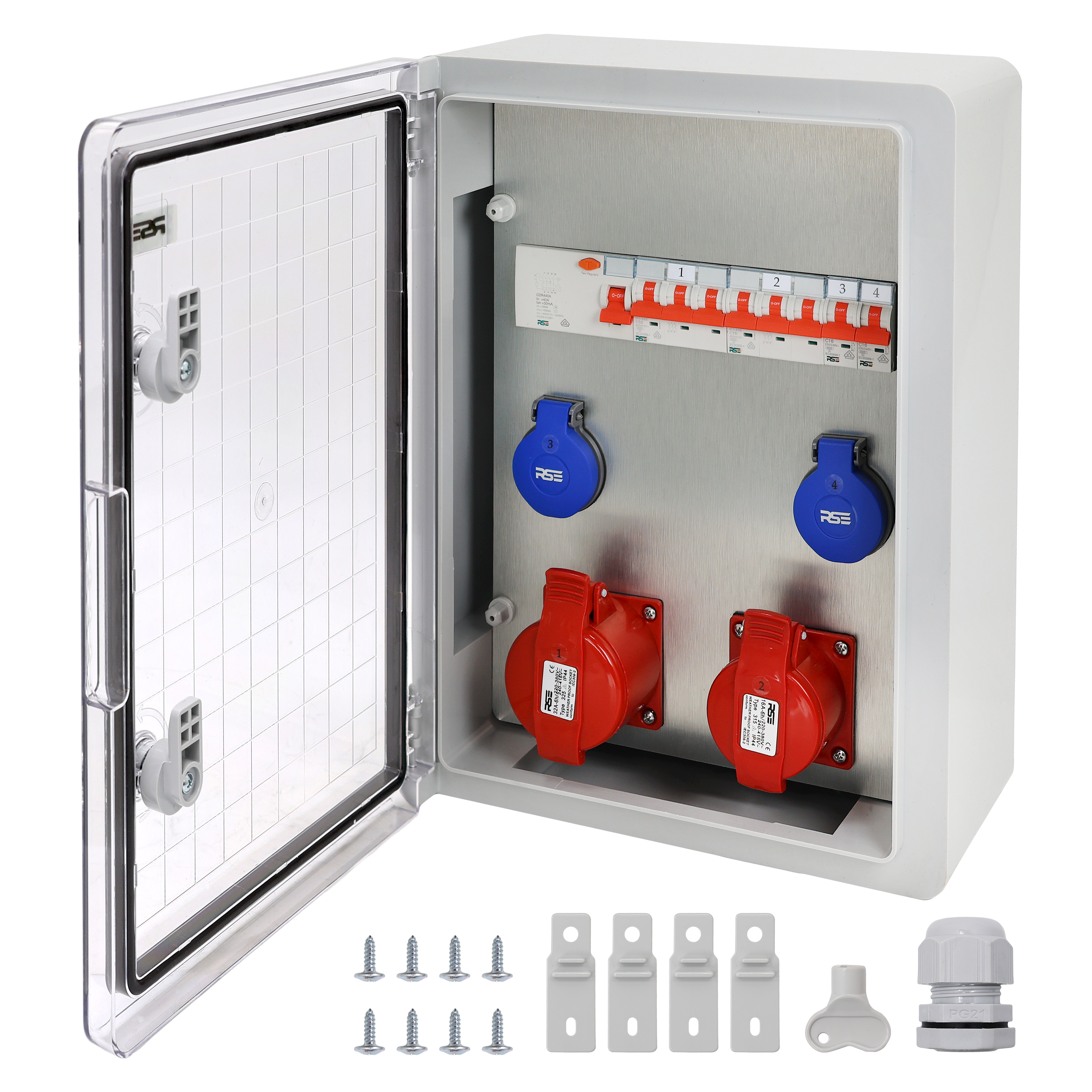 2×CEE32 + 2×230V + LS4+FI, Grau Transparent