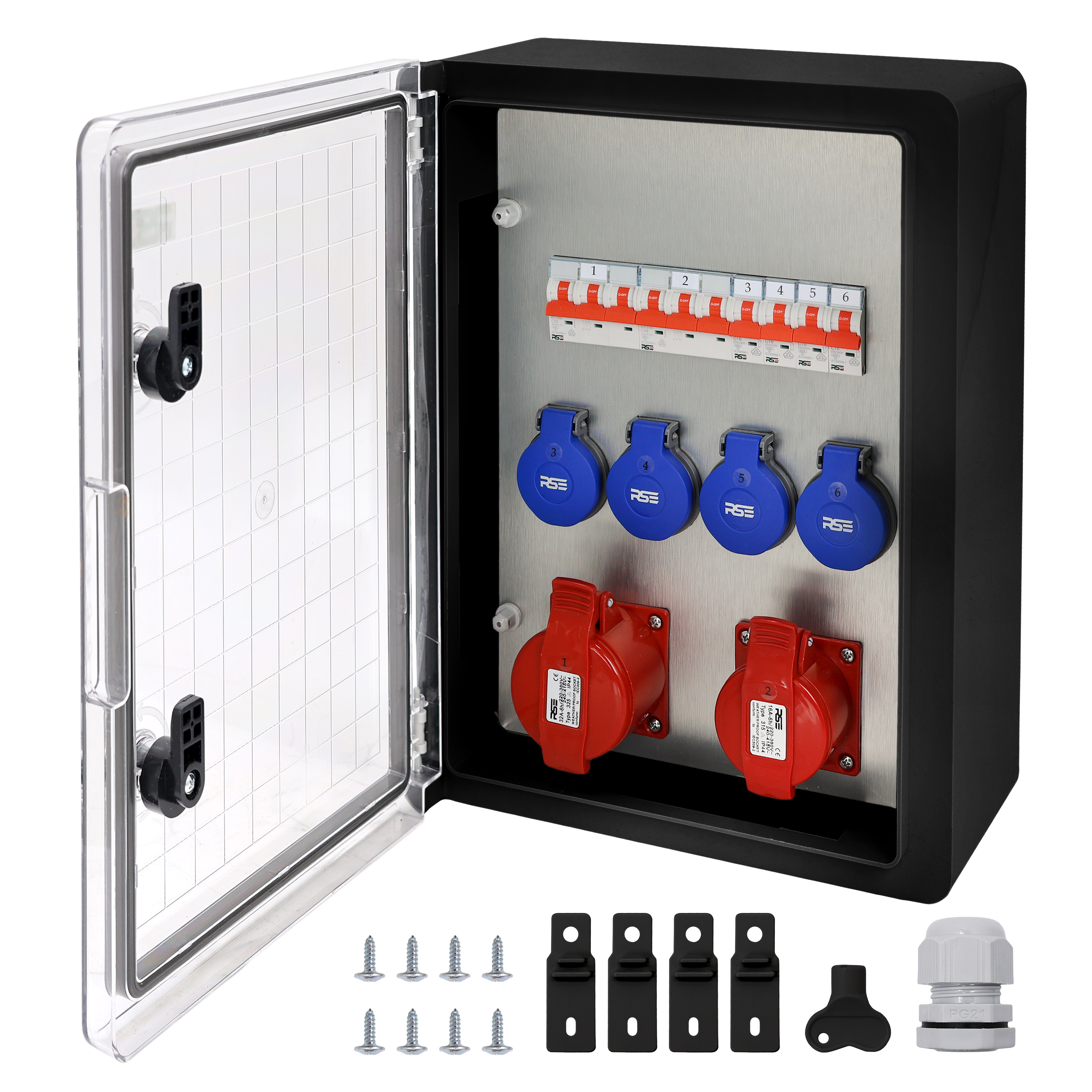 2×CEE32 + 4×230V + LS6, Schwarz Transparent
