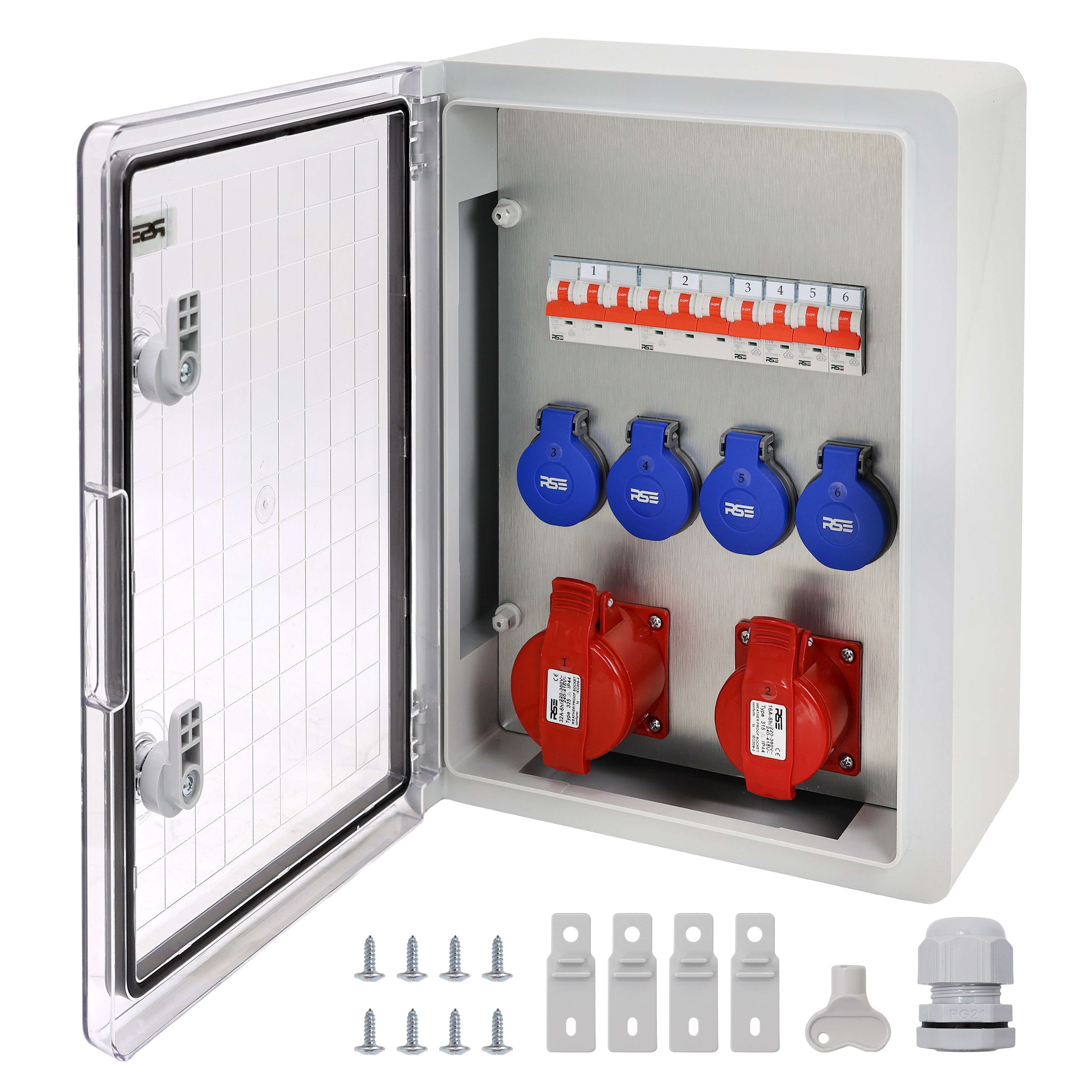 2×CEE32 + 4×230V + LS6, Grau Transparent