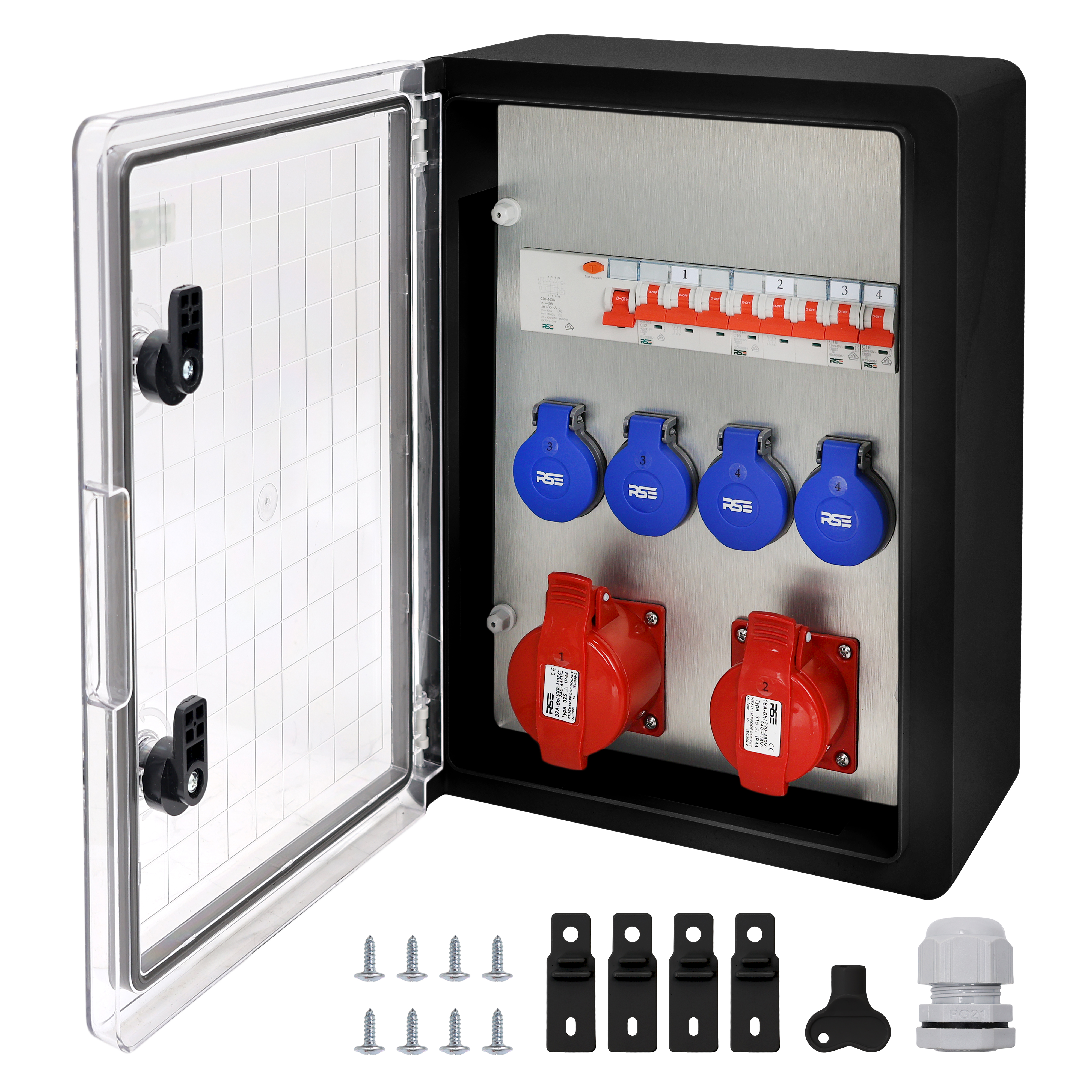 2×CEE32 + 4×230V + LS4+FI, Schwarz Transparent