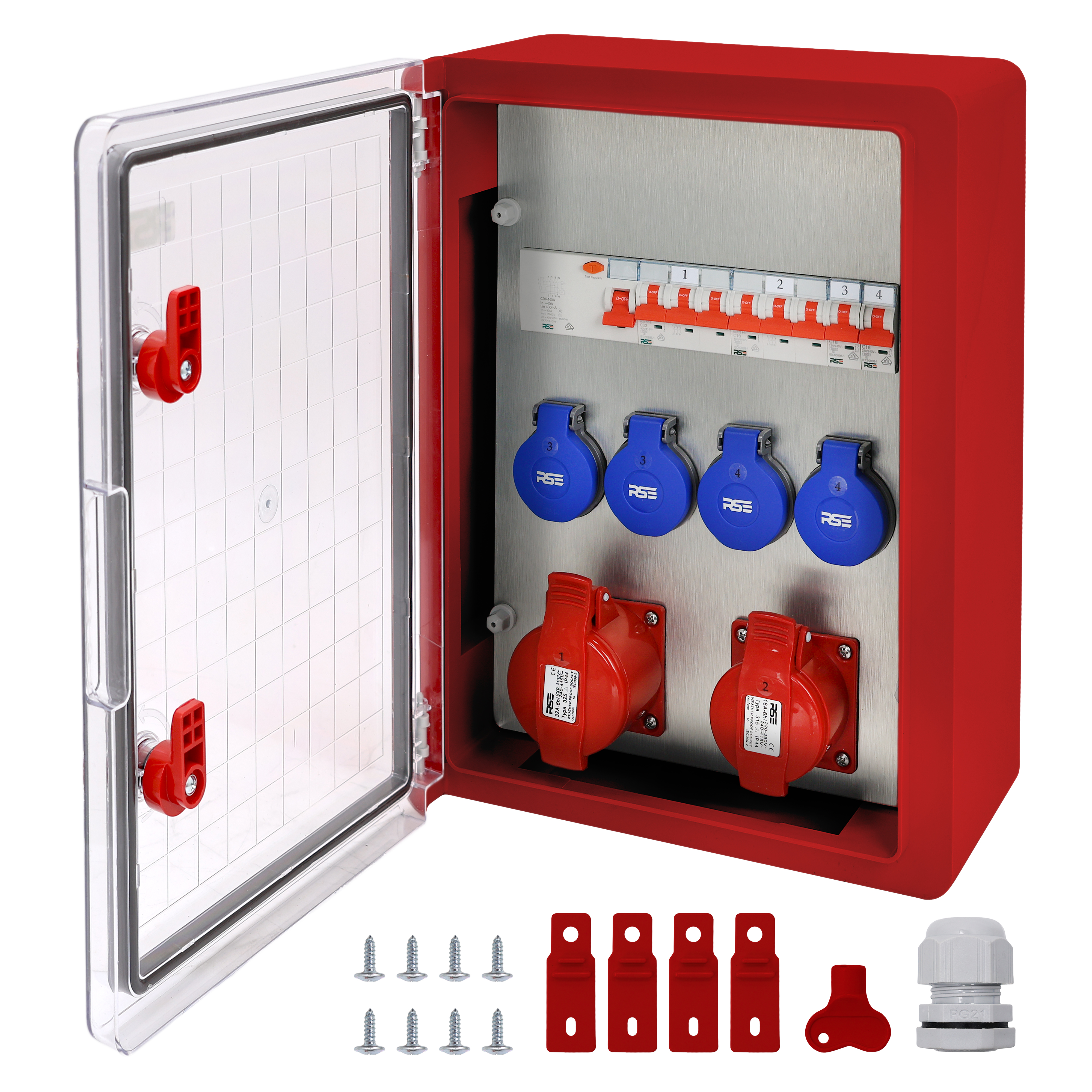 2×CEE32 + 4×230V + LS4+FI, Rot Transparent