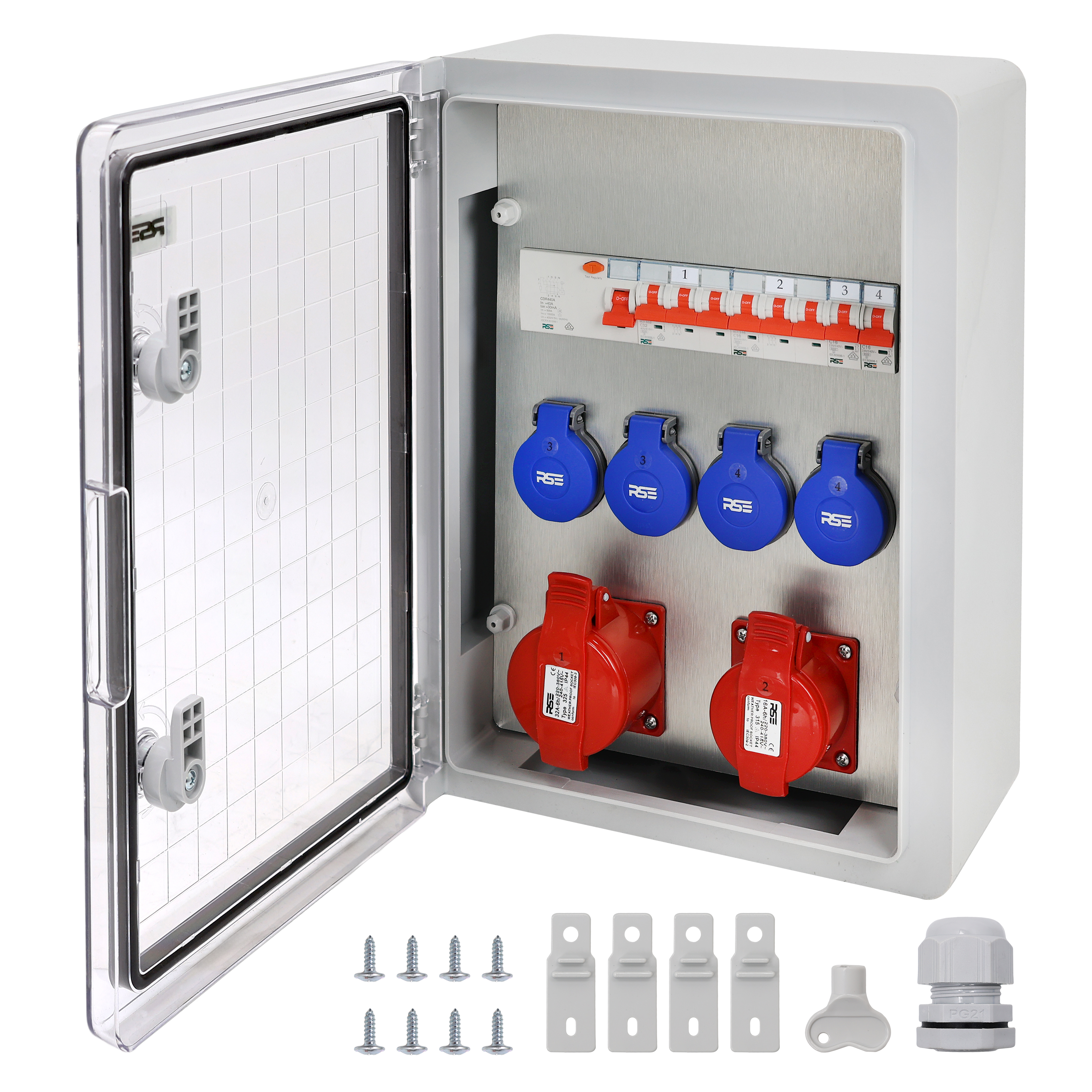 2×CEE32 + 4×230V + LS4+FI, Grau Transparent